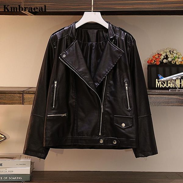

women's jackets oversize leather jacket women 2021 autumn elegant pu zippers pocket turn down collar winter black streetwear coat, Black;brown