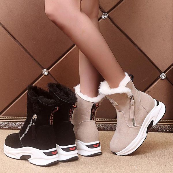

boots winter women's casual snow shoes breathable slip-on wedges heel warm thermal female botas femininas, Black