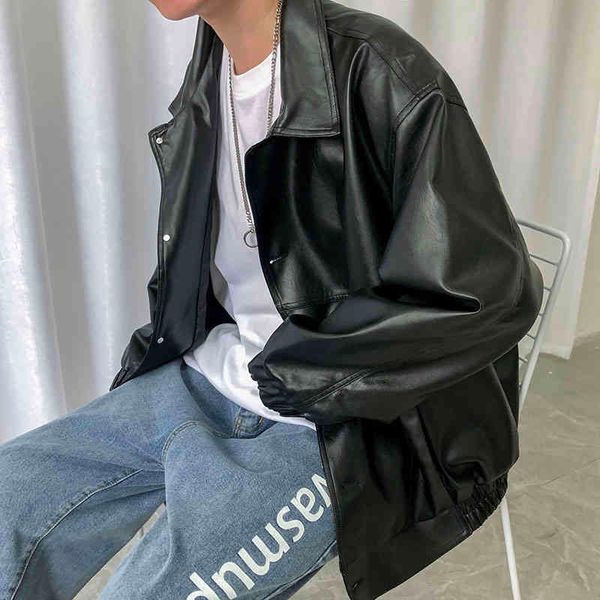 

men's leather & faux spring new loose soft jacket single breasted casual biker large size xxl k67l, Black