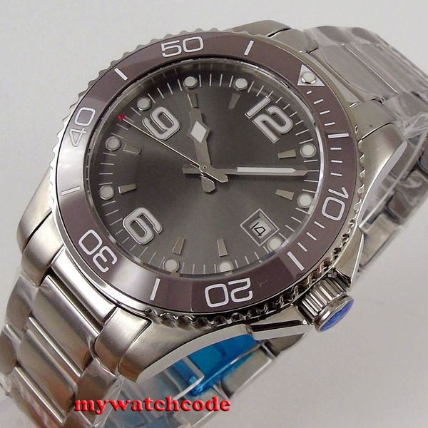 

40mm bliger brand gray dial ceramic plated bezel automatic movement insert date window dress men watch solid back, Slivery;brown
