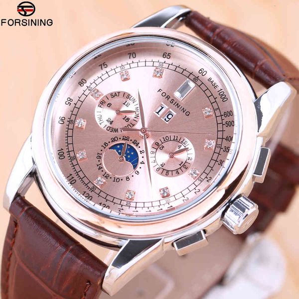 

new research clocks men's trademark fashion random mechanical road rose gold black leather, Slivery;brown