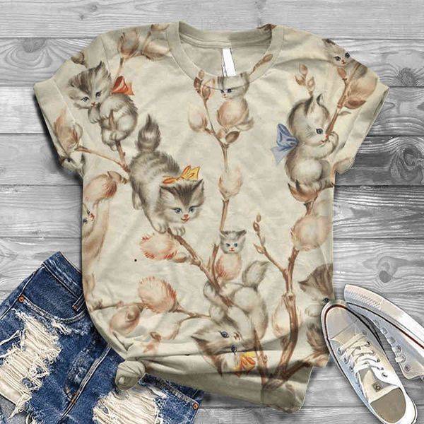 

women's 3d animal print harajuku casual loose cat funny t-shirt, women's wear, White