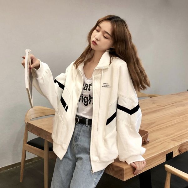 

women's jackets korean baseball uniform women's jackets loose zipper stripe sweater chic sleeve long ladies office short xglu, Black;brown