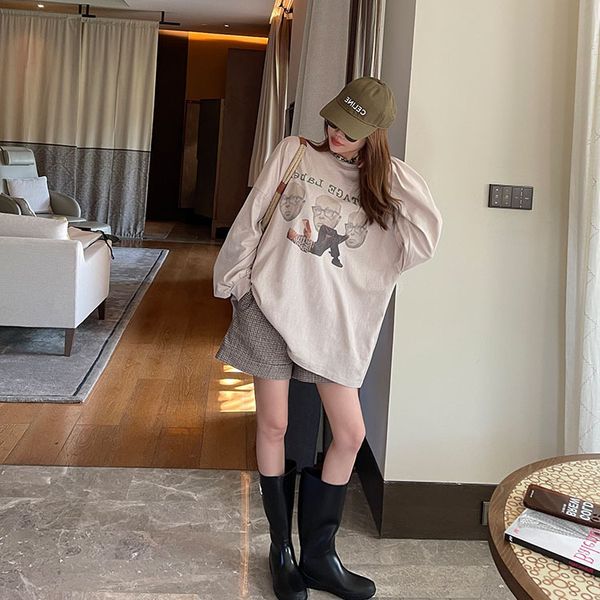 

women's t shirt wenli early autumn long sleeve printed 2021 women's round neck loose casual green hong kong style t-shirt, White