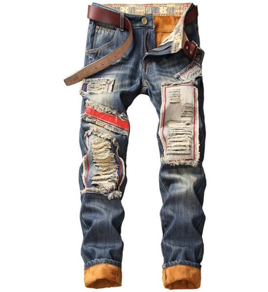 

men's winter warm jeans pants fleece destroyed ripped denim trousers thick thermal distressed biker men clothes, Blue