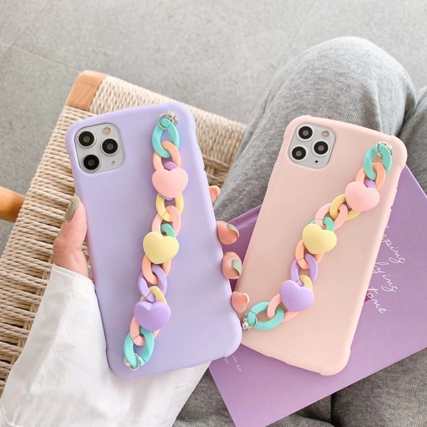 

luxury love heart wrist strap phone case for iphone 12 11 promax x xs max xr 7 8 plus candy color soft tpu silicone cover for iphone 12 pro