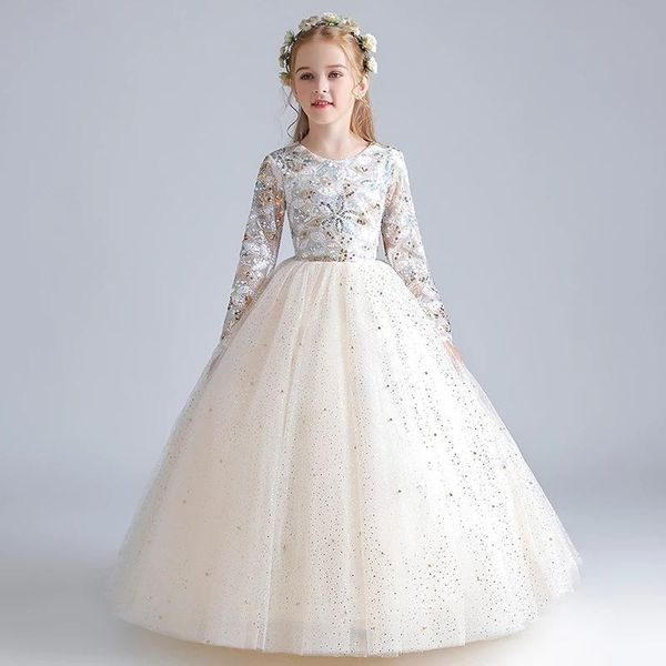 

girl's dresses flower girl o neck full sleeves sequined appliques kids party communion floor length back zipper princess dress, Red;yellow