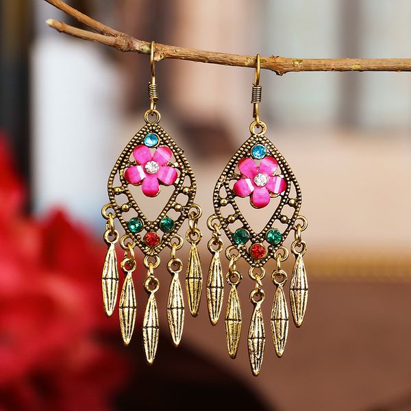 

bohemian rhombus flower dangle indian earrings for women retro long tassel alloy earring ethnic statement wedding jewelry, Silver