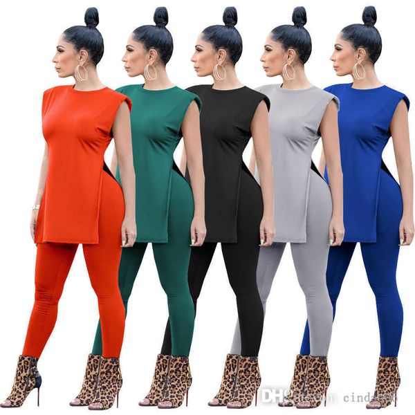 

summer women two piece pants set solid color sleeveless shoulder pad t-shirt loose deep split pants ladies long pattern tracksuits leggings, White