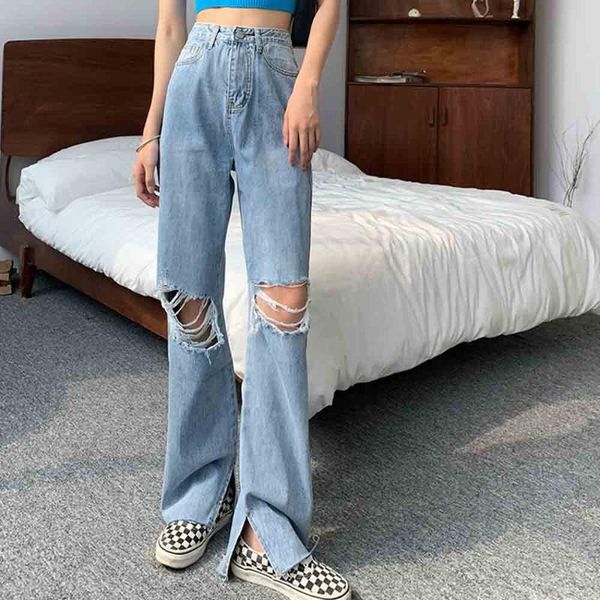 

women's jeans 2021 vintage gothic gradient irregular hole burrs denim korean style washed split fork loose high waist mopping pant, Blue