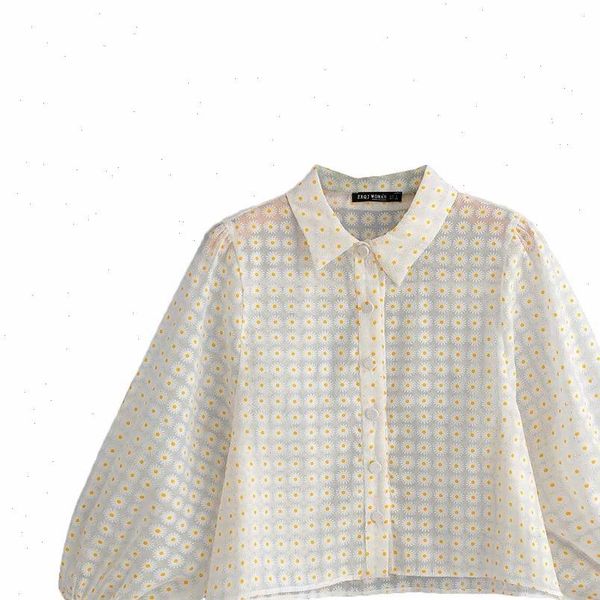 

2021 new women fashion small floral print casual smock blouse shirts women transparent gauzes chic femininas ls3830, White