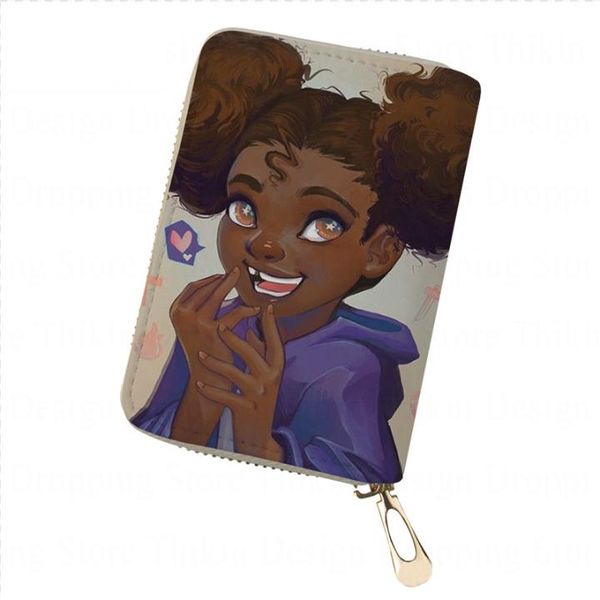 

card holders cute student leather passport holder african girl pattern small travel organizer wallet zipper cartoon case, Brown;gray