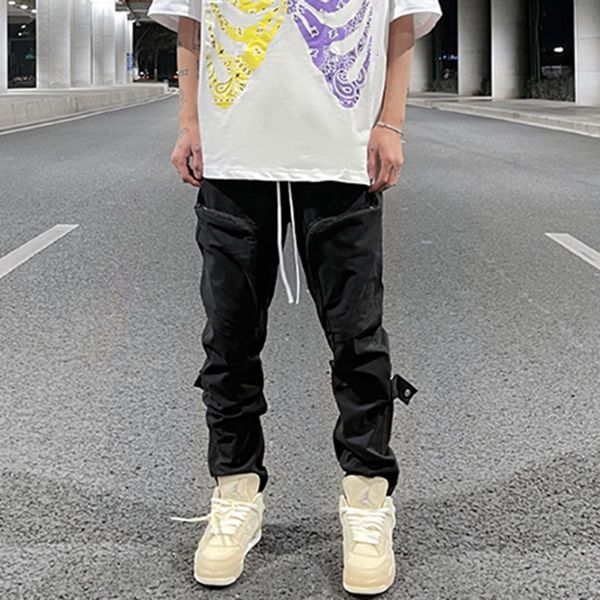 

2021 new knee lace up multi-pockets drawstring casual overalls mens high street oversize straight pants hip hop baggy trousers db6i, Black