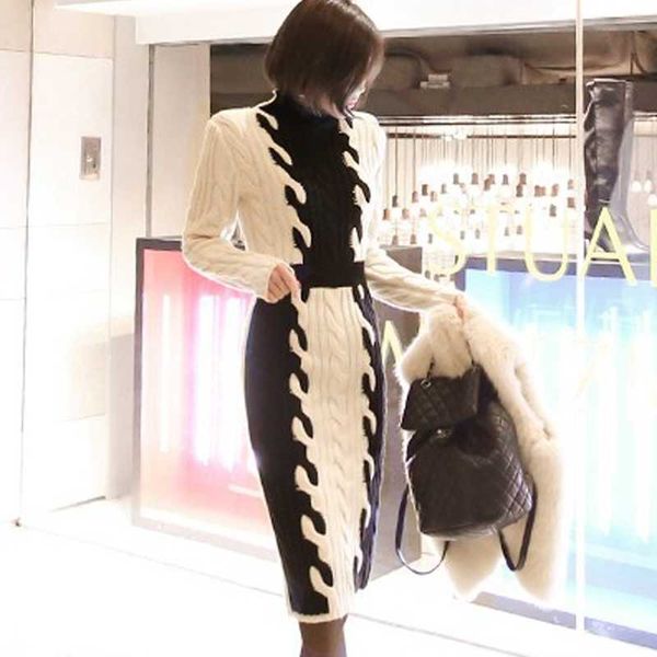 Korean Autumn Winter Patchwork Knitting Dress Women Stretch Pencil Bodycon Dresses Midi Long Casual Soft work Vestidos 210529