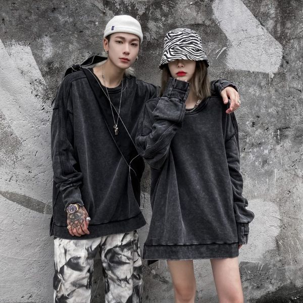 

men's hoodies & sweatshirts vintage washed sweatshirt men women pullover high street clothes couple o neck hoodie, Black