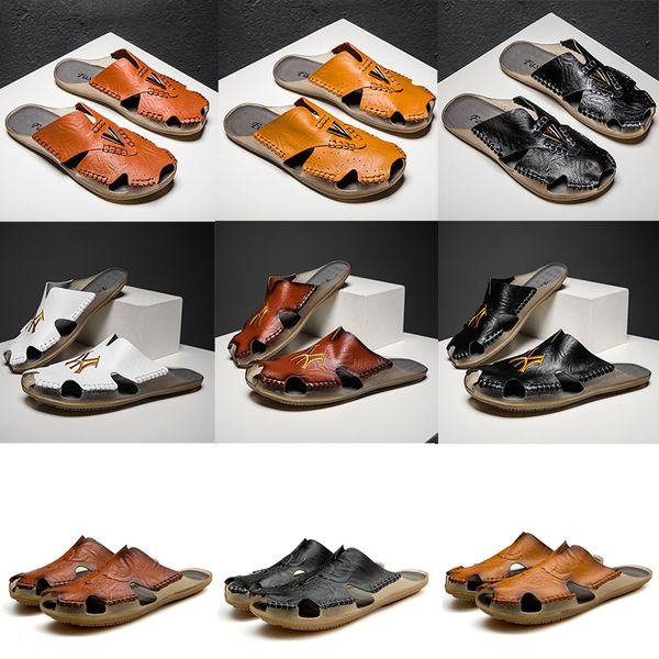 

good quality arizona slippers designer brand luxury men summer crocodile pattern mens mules loafers genuine leather flats sandals beach shoe, Black