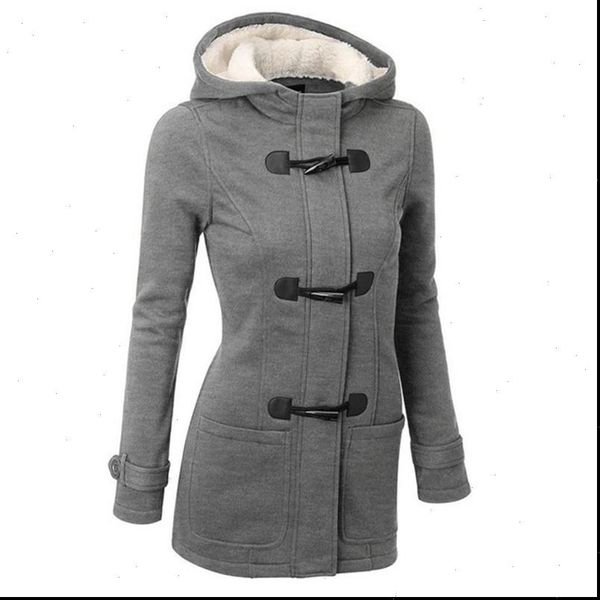 

fashion womens hooded jacket autumn long sleeve warm fleece coat horn buttons zipper pockets slim fit solid color outerwear, Black;brown