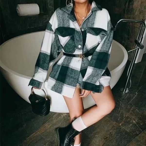 

women's jackets 2021 fashion plaid shirt jacket vintage long sleeve pockets casual outerwear autumn loose women oversized shirts, Black;brown