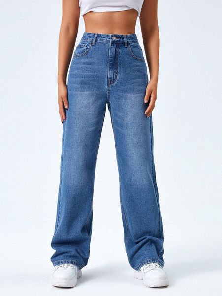 

high waist washed boyfriend jeans u49l#, Blue