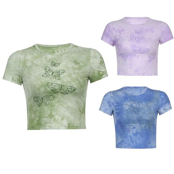 

women's t-shirt 2021 women short sleeve o-neck harajuku gradient butterfly printed crop top, White