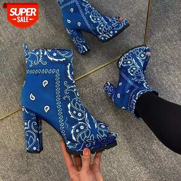 

women ankle boots platform print leather shoes casual zip footwear ladies peep toe square heel plus size 36-43 botas altas mujer #uc6x, Black