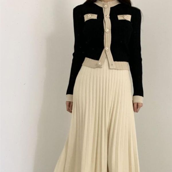 

new winter warm knitted 2 piece set korea chic ladies single breasted pearl buttons cardigan sweater pleated long skirt suit, Gray