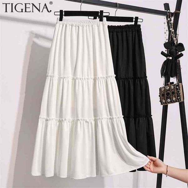 

tigena midi long skirt women fashion summer casual simple solid black white a line high waist female korean style 210629