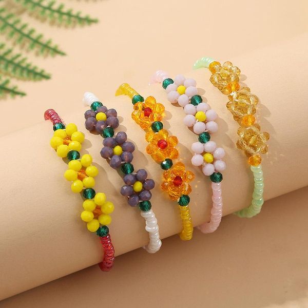 

beaded, strands korean cute flowers daisy bracelets transparent colorful beaded handmade elastic wristband for women jewelry, Black