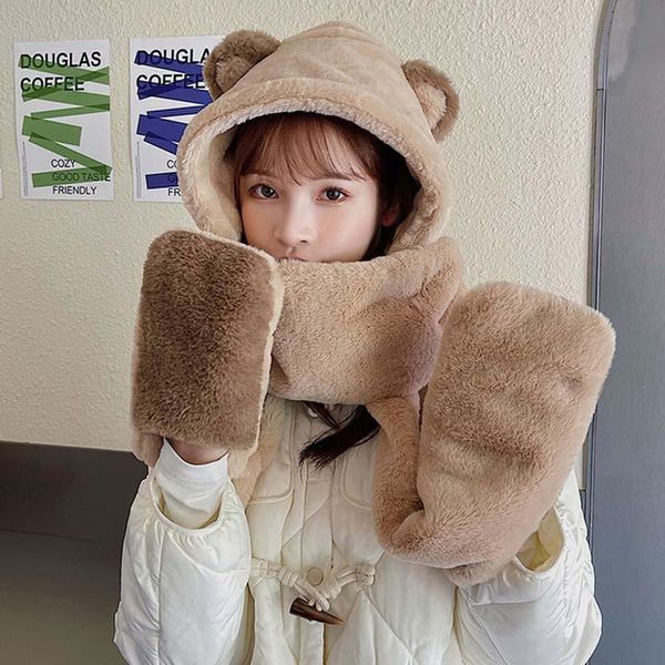 

hats, scarves & gloves sets winter hat and scarf, bear ears, one-piece three-piece color-blocking plush gloves, cold-proof cycling, Blue;gray