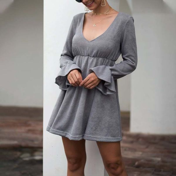 

deep v-neck knitted women autumn winter sleeve dress waist a-line oxqi, Black;gray