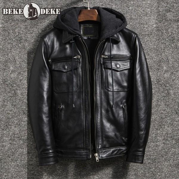 

men's leather & faux brand men cowhide genuine jacket hooded hat detachable motorcycle jackets large size 5xl fashion mens autumn outer, Black