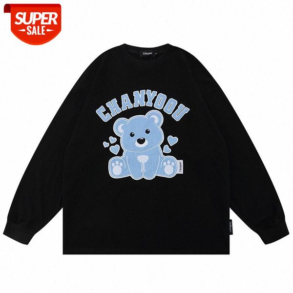 

bear embroidery long-sleeved t-shirt men's street loose round neck compassionate lazy style pullover bottoming shirt #wc3t, White;black