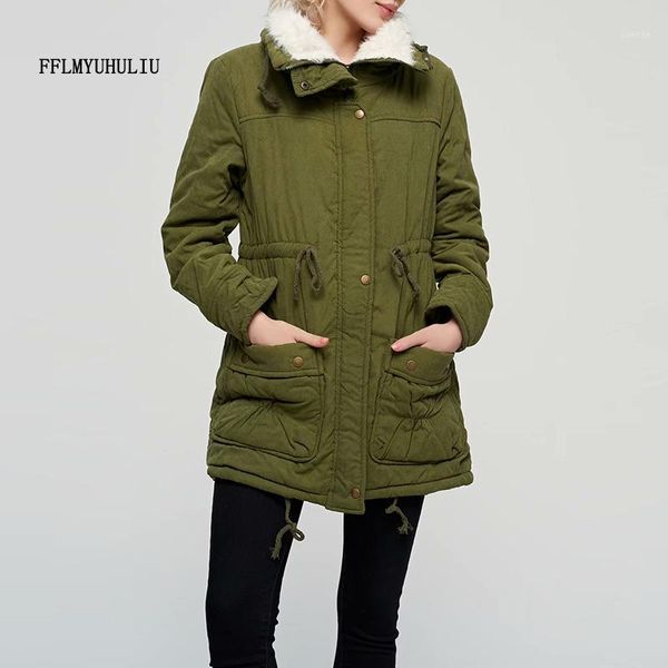 

winter new warm cotton-padded jacket thick lapels long solid color parker large pockets drawstring ladies cotton jacket1, Black