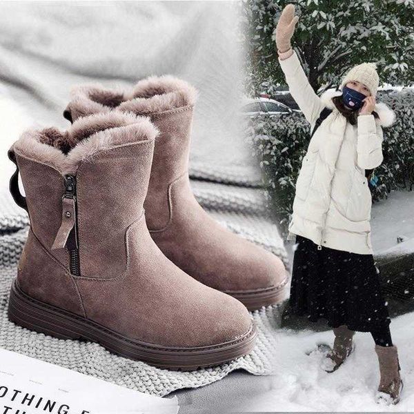 

cotton shoes winter plus velvet warm mid-tube snow boots 2021 new fashion female casual platform non-slip flat martin short boot y1018, Black