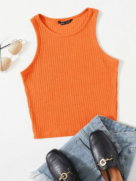

neon orange solid rib-knit tank r3cj#, White