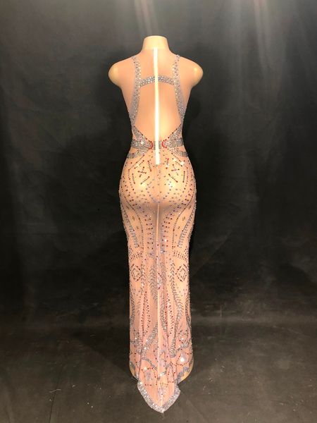 

sparkly rhinestones mesh long dress perspective outfit female singer stage evening luxurious dress womens birthday outfit, Black;red