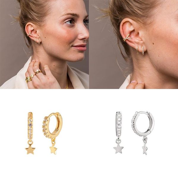 

other woman bride cute ins bling zircon star 100% 925 sterling silver hoop earrings for engagement wedding party gift fine jewelry, Golden;silver