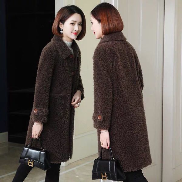 

2021 new women autumn winter real granular sheep shearing long coats female casual warm wool jacket fashion lambswool outwear l651uopp, Black