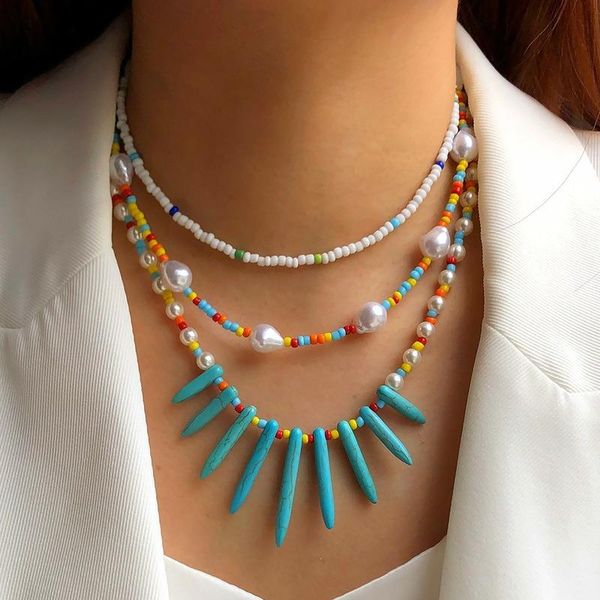 

chains trendy bohemia multi-layer stacking irregular pearl colorful resin bead stone necklaces for women party summer holiday jewelry, Silver