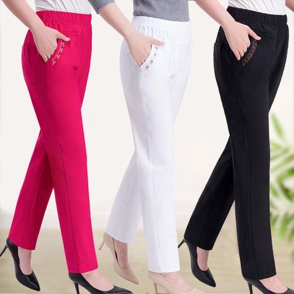 

middle aged elastic waist loose womens pant casual plus size 4xl pocket thin female straight trousers 2300, Black;white