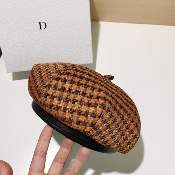 

berets hats for women houndstooth beret female autumn winter pu edging koreanjapan wild tide british retro plaid painter hat, Blue;gray