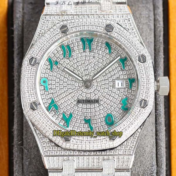 

rff ss15400 a3120 automatic fully iced out mens watch green arabic numerals diamond dial diamonds case and bracelet 15202 15452 15502 eterni, Slivery;brown