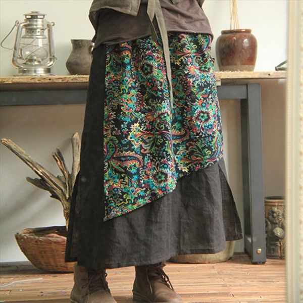 

vintage print spring simple women skirt loose ankle length cotton linen patchwork retro skirts, Black