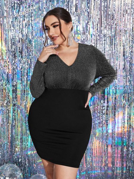 

plus v neck glitter bodycon dress r27w#, Black