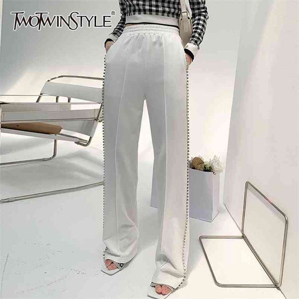 

twotwinstyle white casual diamonds pant for women high waist solid elastic minimalist pants females fashion summer clothing 210830, Black;white