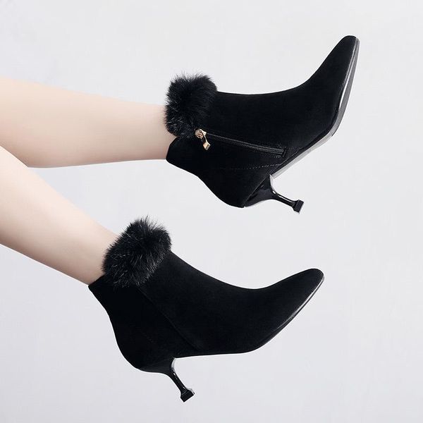 

boots pointed stiletto ankle female autumn and winter 2021 cat with small 40-43 yards fur high heel, Black