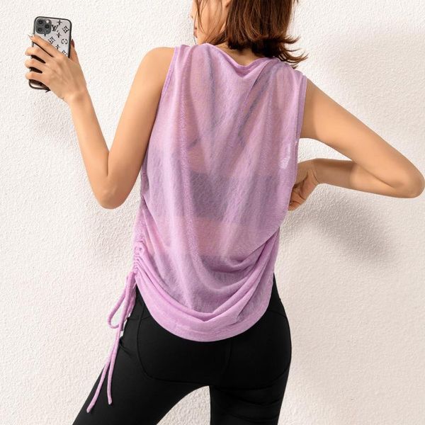 

yoga outfit sports short sleeved t-shirt women running drawstring loose casual clothes vest thin gym fitness ladie workout j37