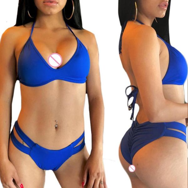 

women's swimwear s-3xl thin strap low waist solid halter split bikini women summer beach polyester panties swimsuit, White;black
