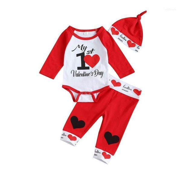 

clothing sets born's valentine's day three piece set, infant's heart printed romper elastic waist pants hat for boys 0-9m1, White