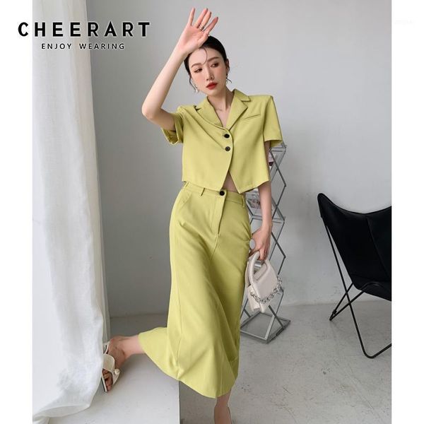 

two piece dress cheerart 2 cropped blazer set women green suit and skirt summer full outfit korean fashion, White